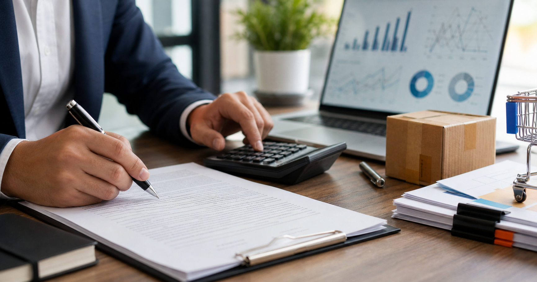Предприниматель проверяет документы и расчеты для финансирования бизнеса