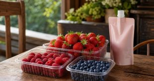 Замороженные ягоды и фруктовое пюре на рабочем столе кухни
